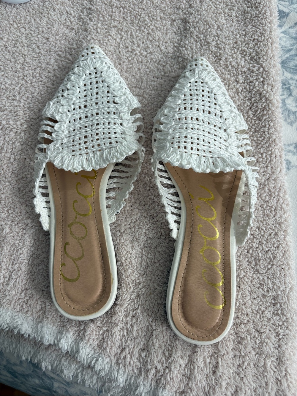 White crochet mules